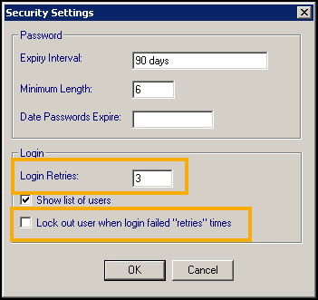 Control Panel - Security - Action - Security Settings screen